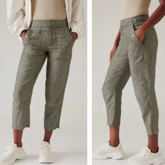 Athleta Pants - Athleta Voyager 100% Linen Olive Green Cropped Pants size 10